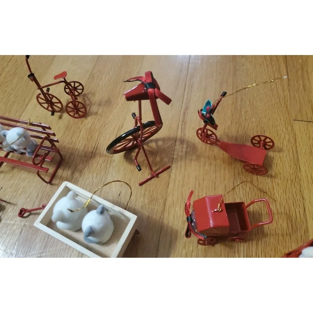 Vintage 80s Flocked Teddy Bear Christmas Ornaments Red Metal Lot Sled Wagon